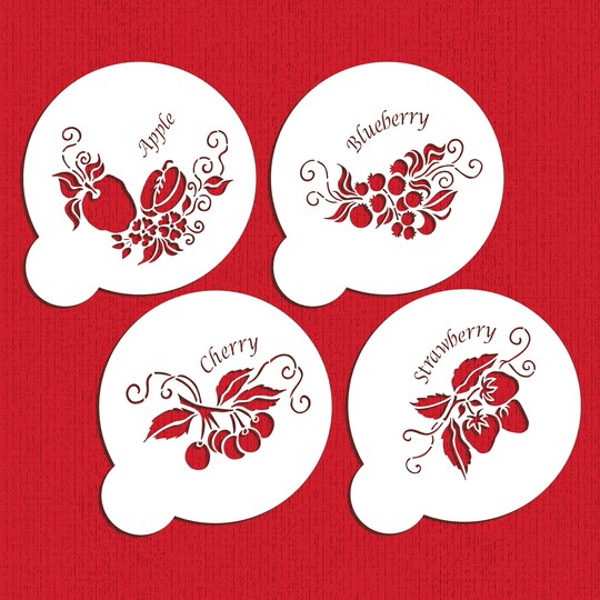 Designer Stencils; Fruit Toppers Cake Stencils: Apple, Blueberry, Cherry, Strawberry | C374 by Designer Stencils | Cake Decorating Tools | Baking Stencils for Royal Icing, Airbrush, Dusting Powder | Reusable Food Grade Stencil for Cakes | Easy to Use & Clean Stencil; Category:Cake Decorating Tools; Image:1